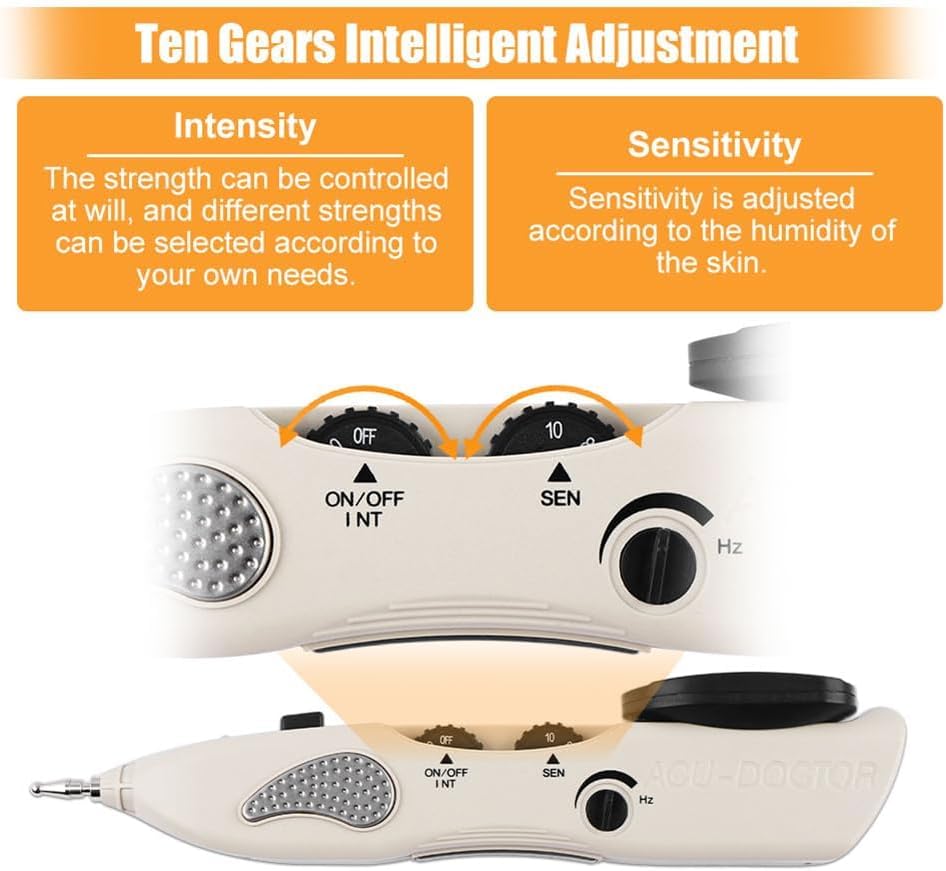 Electronic device with control knobs and text about intensity and sensitivity adjustment on a white background.