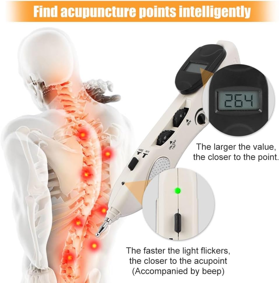 Acupuncture device with digital display and illustration of acupuncture points on a human figure.
