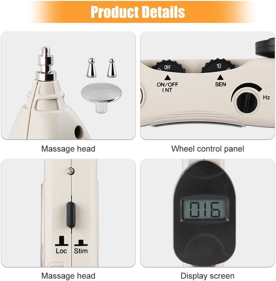 Product details of a massage device including massage head, wheel control panel, and display screen.