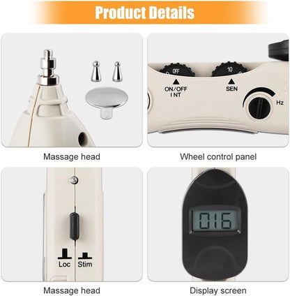 Product details of a massage device including massage head, wheel control panel, and display screen.