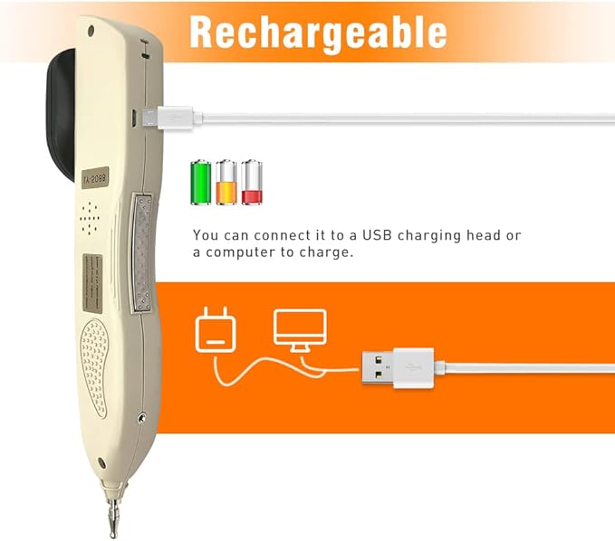 Rechargeable device with USB charging cable on an orange background