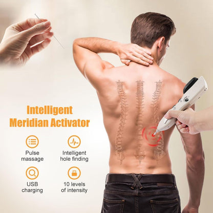 Person receiving acupuncture with an 'Intelligent Meridian Activator' on a beige background