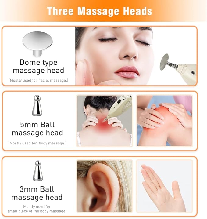 Three massage heads with examples of use on a woman's face, neck, and ear.