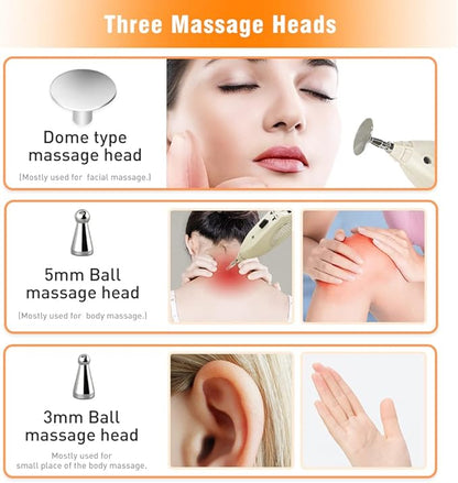Three massage heads with examples of use on a woman's face, neck, and ear.