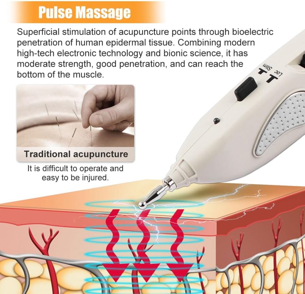 Pulse massage device with text explaining superficial stimulation of acupuncture points.