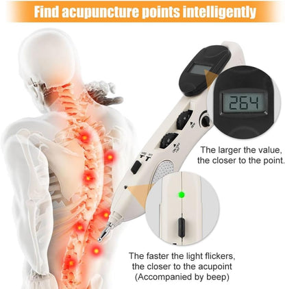 Acupuncture device with digital display and illustration of acupuncture points on a human figure.