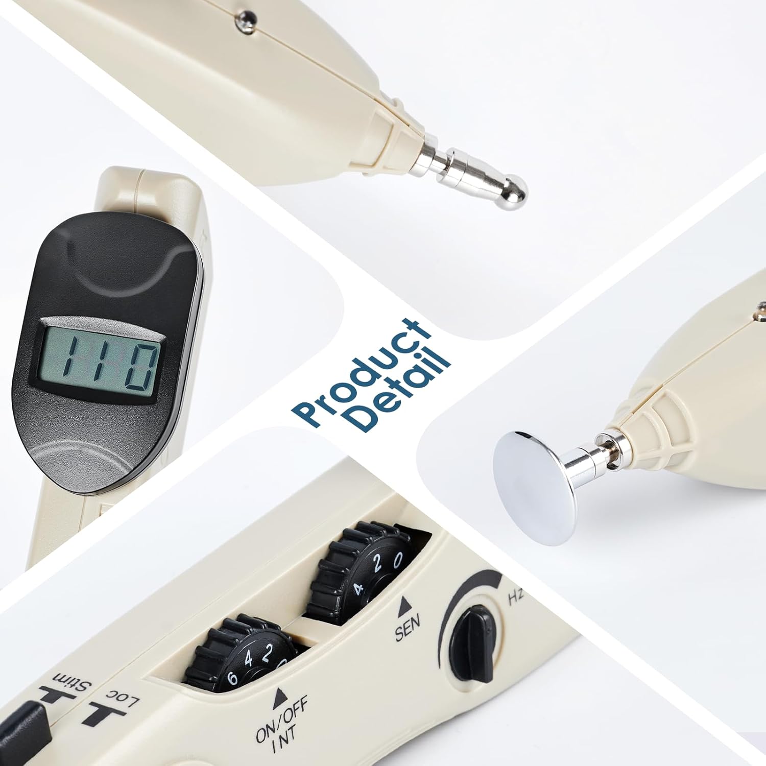 Collage of a digital device with control knobs and a display on a white background.